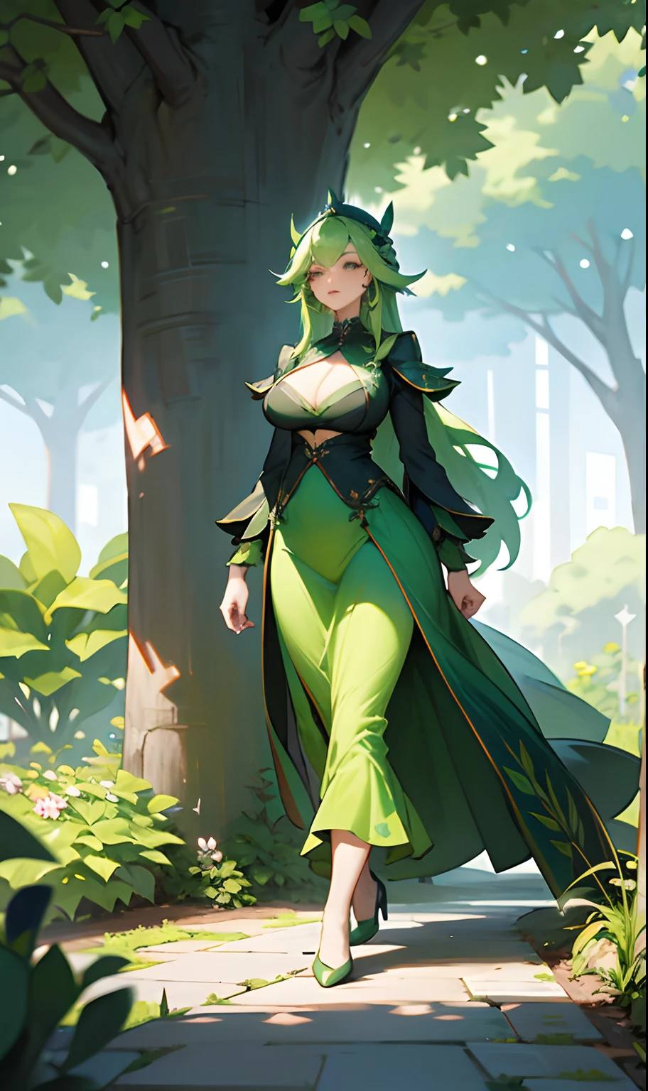 (photorealism:1.2), beautiful elf girl, hentai anime digital art, green hair, brown horns, detailed face, she is fully covered, wearing fantasy elf clothing, green leaves for a gown, big breasts, slim waist, thigh thighs, background of a elf magical forest