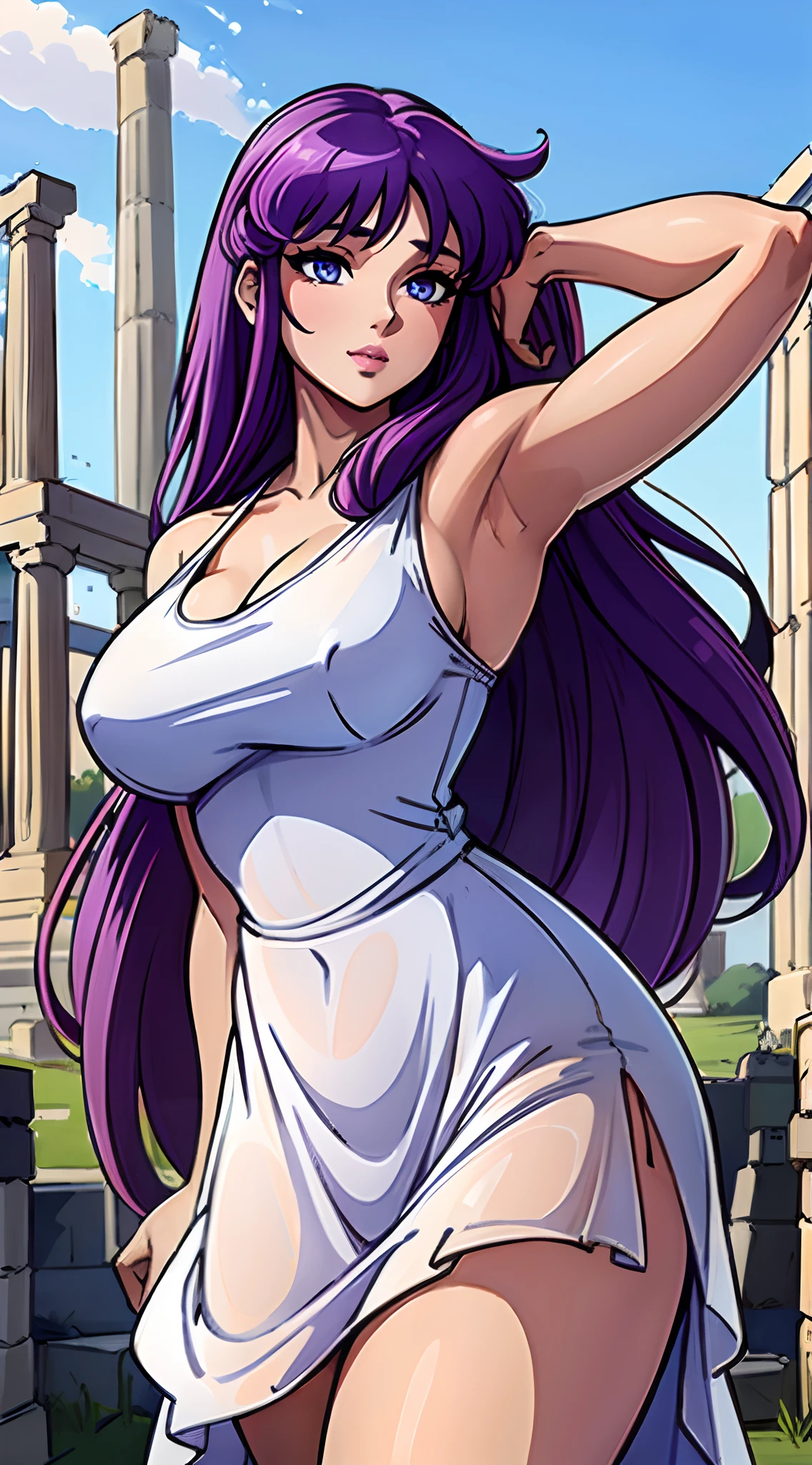(best quality:1.3), Saori Kido, (Arm and dress), peituda,  sedutor, sexy, body curvy,  (templo romano arruinado)