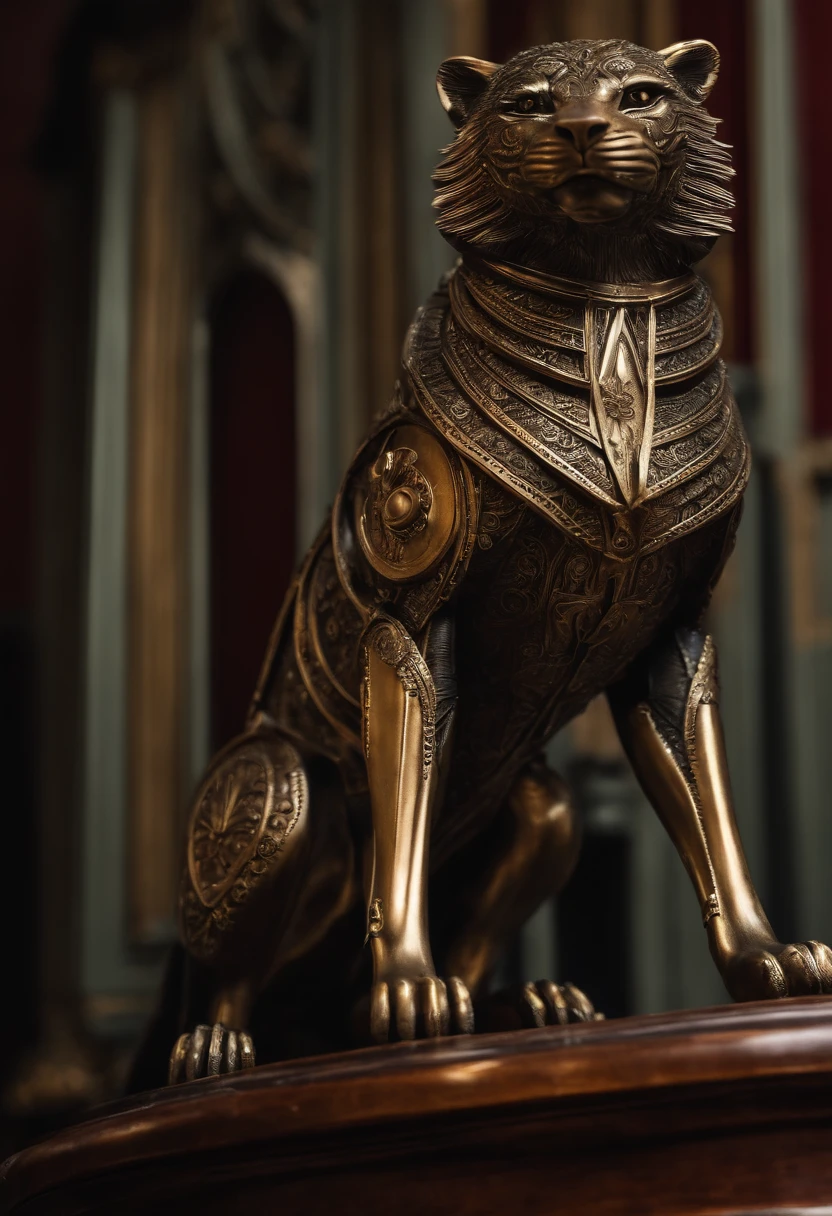 Crie um endoesqueleto de lobo humanoide assustador, with visible metal joints, Bright eyes and sharp mechanical detailing. Make sure it fits into the ambiance of a spooky themed restaurant at night.