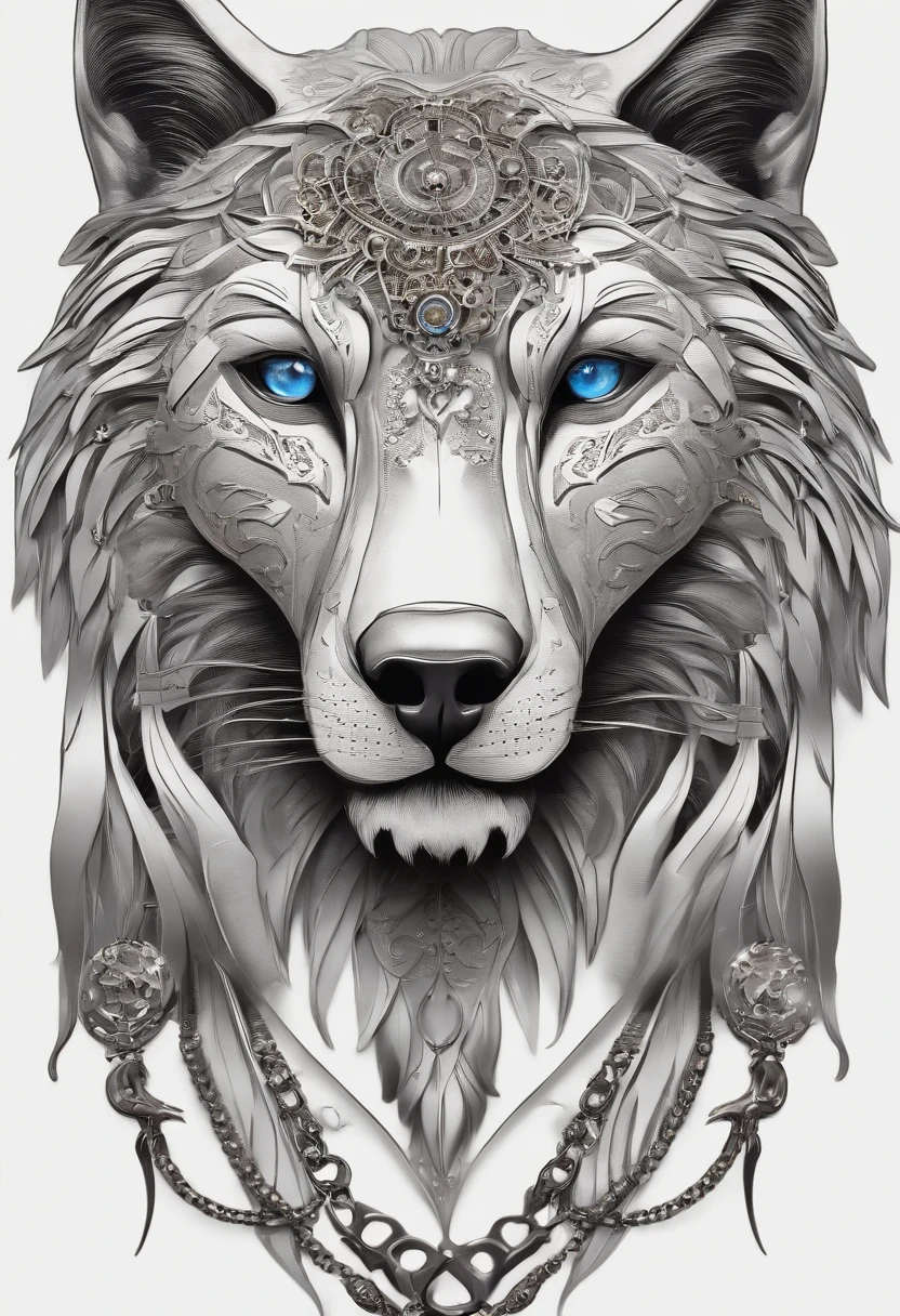 Crie um endoesqueleto de lobo humanoide assustador, with visible metal joints, Bright eyes and sharp mechanical detailing. Make sure it fits into the ambiance of a spooky themed restaurant at night.