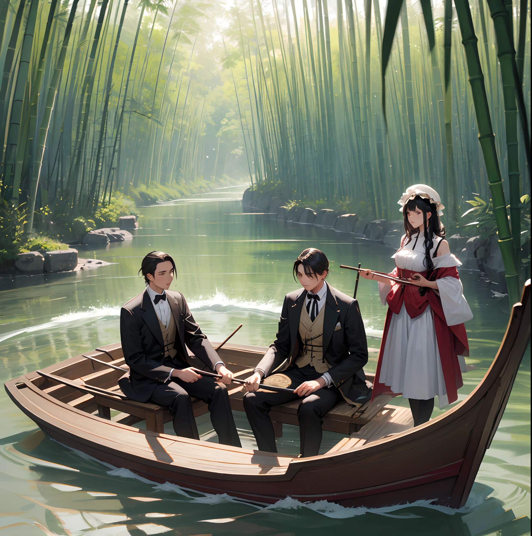 period costume，a young man and a woman，Bamboo rafts are paddled on the big river