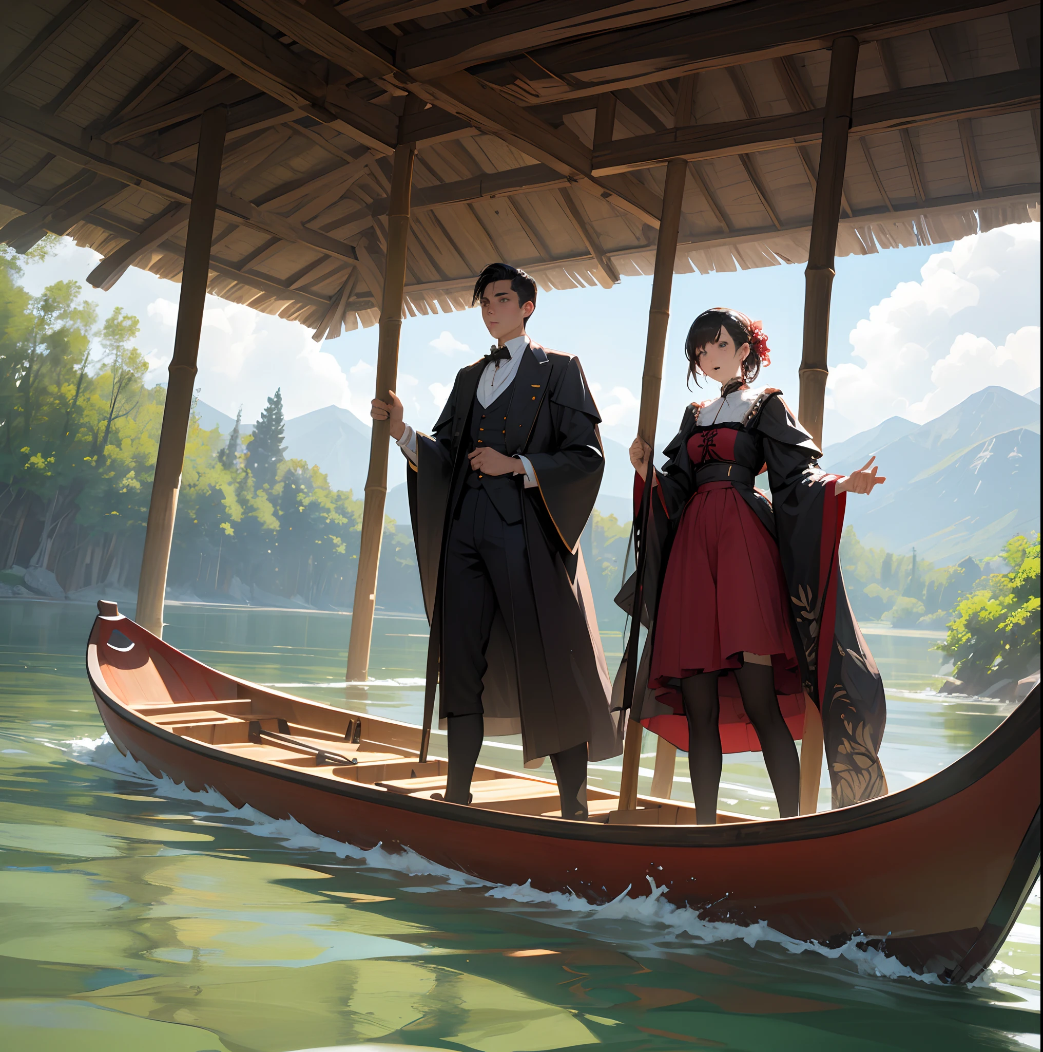 period costume,a young man and a woman,Bamboo rafts are paddled on the big river