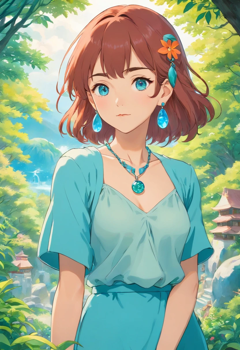 Girl in an anime necklace, Long necklaces and earrings, Serene garden landscape style, Colorful animated stills, Masami Teraoka, aquamarine, Paul Gauguin, Embryonic style, Honest Description