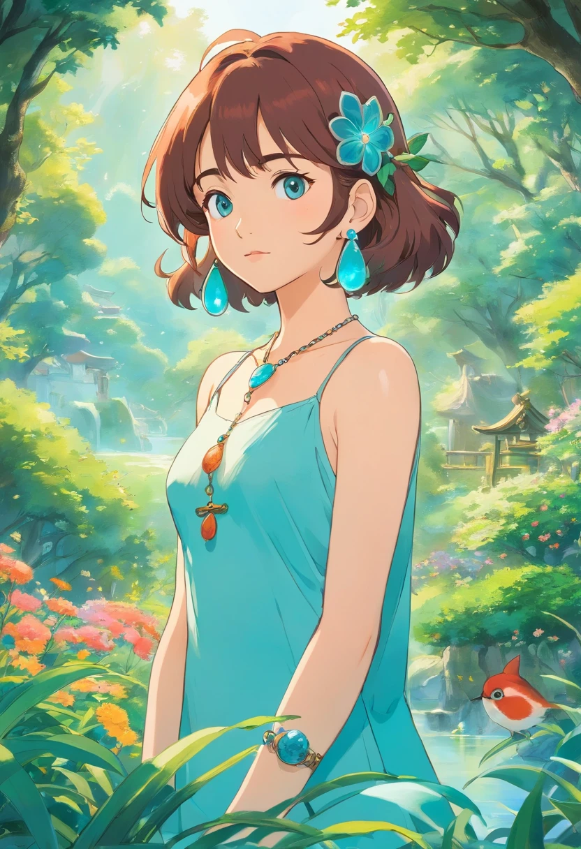Girl in an anime necklace, Long necklaces and earrings, Serene garden landscape style, Colorful animated stills, Masami Teraoka, aquamarine, Paul Gauguin, Embryonic style, Honest Description