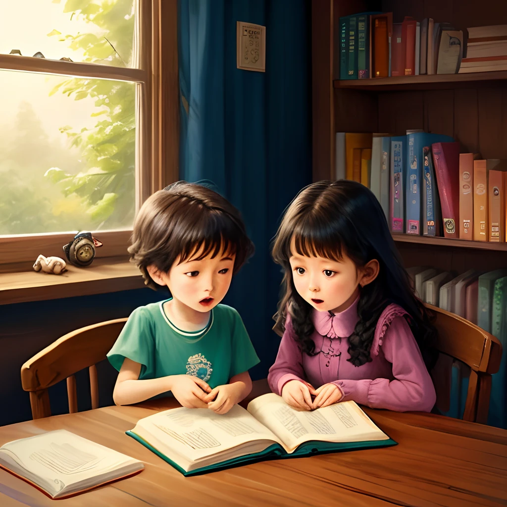 Two children find a book on a bookshelf