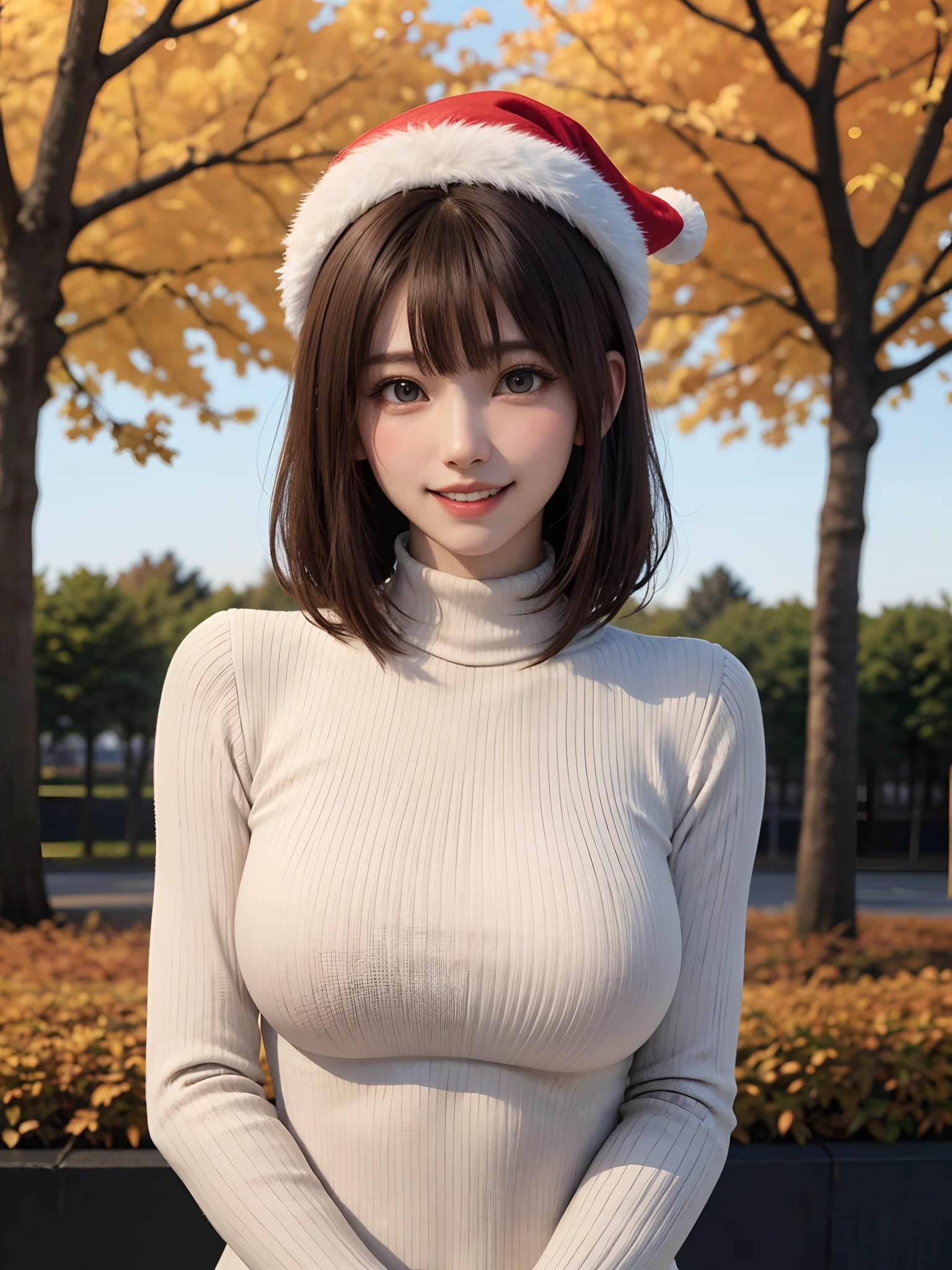 (masutepiece:1.4, top-quality、Very attractive adult beauty with a very cute smile:1.4、Add intense highlights to the eyes:1.4、Look firmly at the camera、Beautiful woman full of adult charm:1.4),1girl in, 独奏, Light brown shiny hair, muffler,Santa Claus hat:1.4,realisitic, looking at the viewers, Bright colored crystal light blue eyes:1.4, short shiny hair, Santa Claus Starneck Knit、 Red and white costume of Santa Claus in turtleneck with round hole in the center of the chest:1.4,Sexy red and blue turtleneck knit sweater with round hole in the center of chest:1.4、 s lips, lipgloss:1.4，bangss, The upper part of the body、big eye、Lashes、The face is a little red:1.4、Embarrassing)、((Canadian tree-lined avenues in autumn:1.4))、((Shorthair with bangs、big eye、Put very strong highlights in your students:1.4、{Gigantic|Big|Huge|Mega} breasts:1.4、very Bigger breasts、gazing at viewer、Very beautiful beauty、Put your ears out:1.4、long neck:1.4、little smiling、Beautiful teeth、Open your mouth and smile:1.4))、28 year old:1.4、Very cute supermodel:1.4、