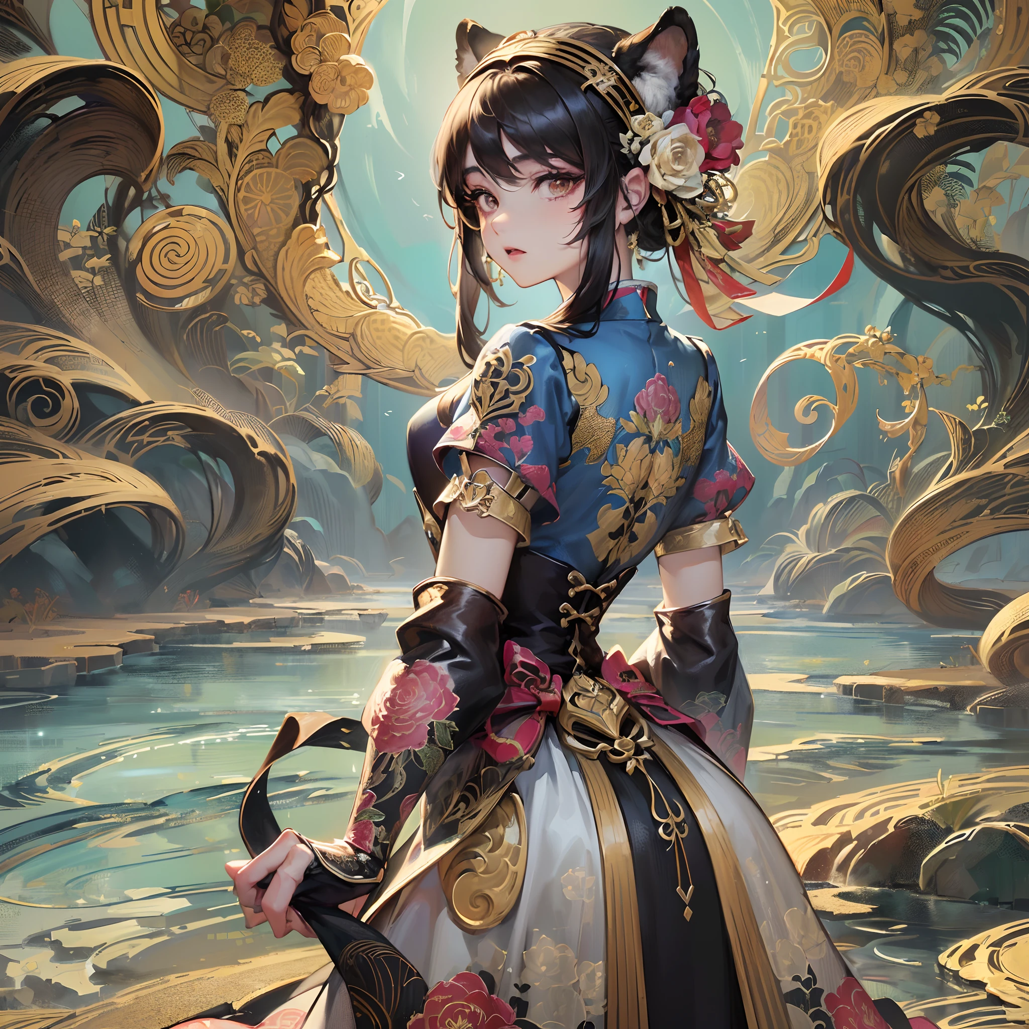 ((Finest quality)),(超A high resolution),(ultra-detailliert),((Best Anime)),sharpnes,Vivid:1.1,The art of astounding depiction,Chinese Fantasy Art,Fantastic background,drak,a tiger, (1 adult female:1.5),(Hu garments with beautiful patterns with detailed and detailed details:1.5),hair adornments,