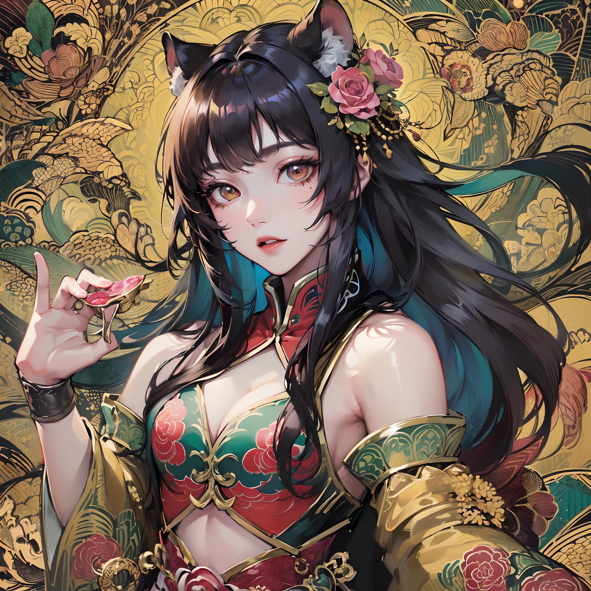 ((Finest quality)),(超A high resolution),(ultra-detailliert),((Best Anime)),sharpnes,Vivid:1.1,The art of astounding depiction,Chinese Fantasy Art,Fantastic background,drak,a tiger, (1 adult female:1.5),(Hu garments with beautiful patterns with detailed and detailed details:1.5),hair adornments,