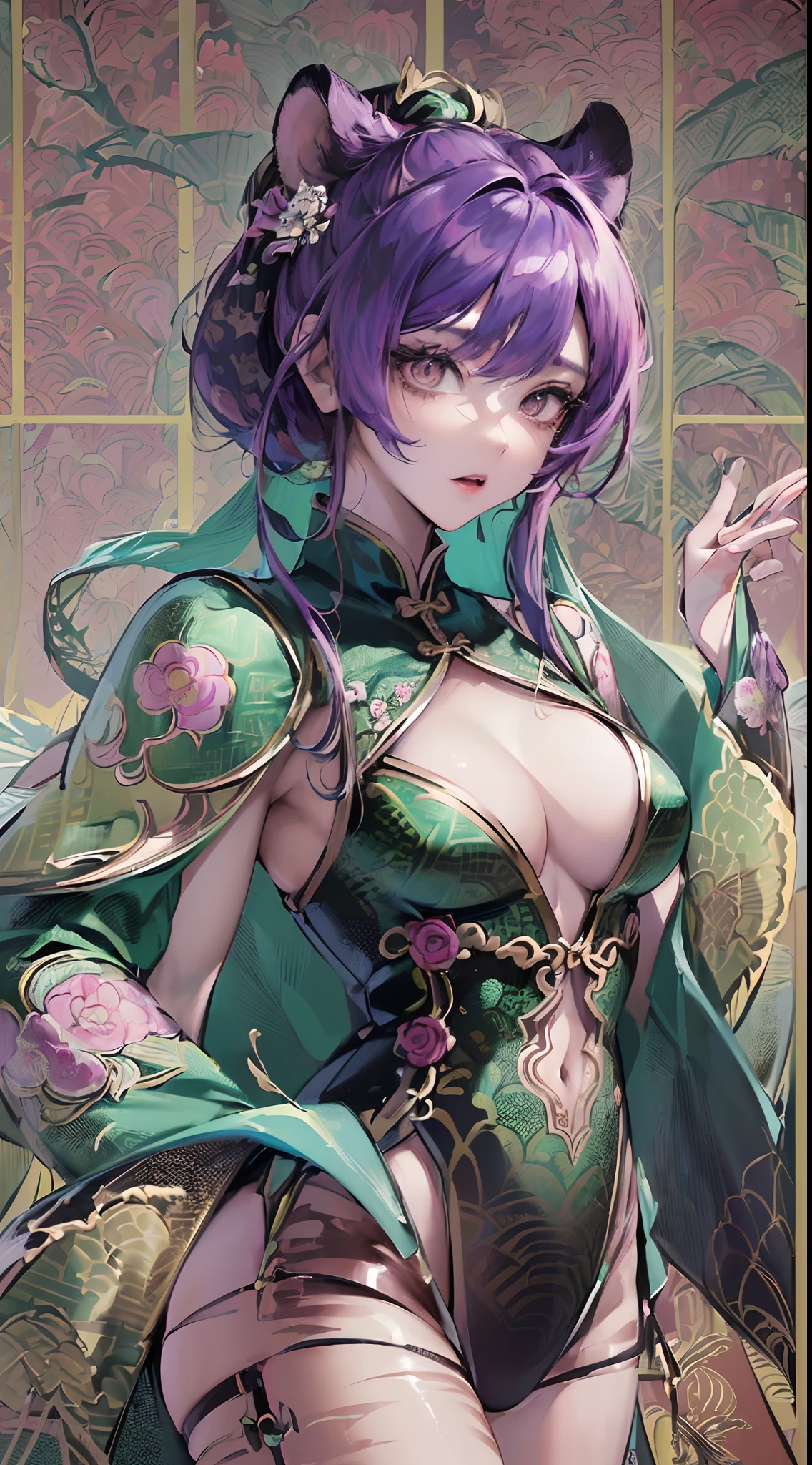 ((Finest quality)),(超A high resolution),(ultra-detailliert),((Best Anime)),sharpnes,Vivid:1.1,The art of astounding depiction,Chinese Fantasy Art,Fantastic background,(drak:1.3),(a tiger*1.4), (1 adult female:1.5),(Hu garments with beautiful patterns with detailed and detailed details:1.5),hair adornments,