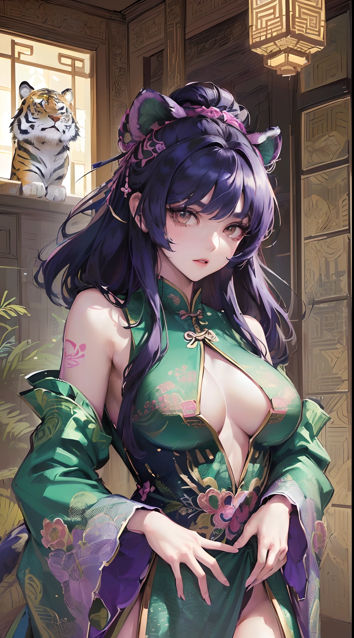 ((Finest quality)),(超A high resolution),(ultra-detailliert),((Best Anime)),sharpnes,Vivid:1.1,The art of astounding depiction,Chinese Fantasy Art,Fantastic background,(drak:1.3),(a tiger*1.4), (1 adult female:1.5),(Hu garments with beautiful patterns with detailed and detailed details:1.5),hair adornments,