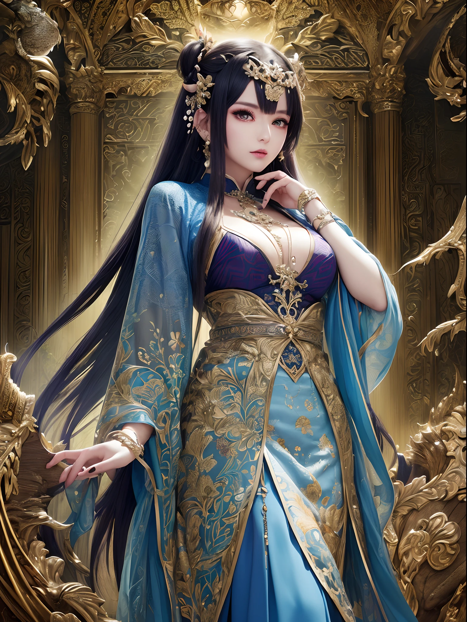 ((Finest quality)),(超A high resolution),(ultra-detailliert),((Best Anime)),sharpnes,Vivid:1.1,The art of astounding depiction,Chinese Fantasy Art,Fantastic background,(drak:1.3),(a tiger*1.4), (1 adult female:1.5),(Hu garments with beautiful patterns with detailed and detailed details:1.5),hair adornments,