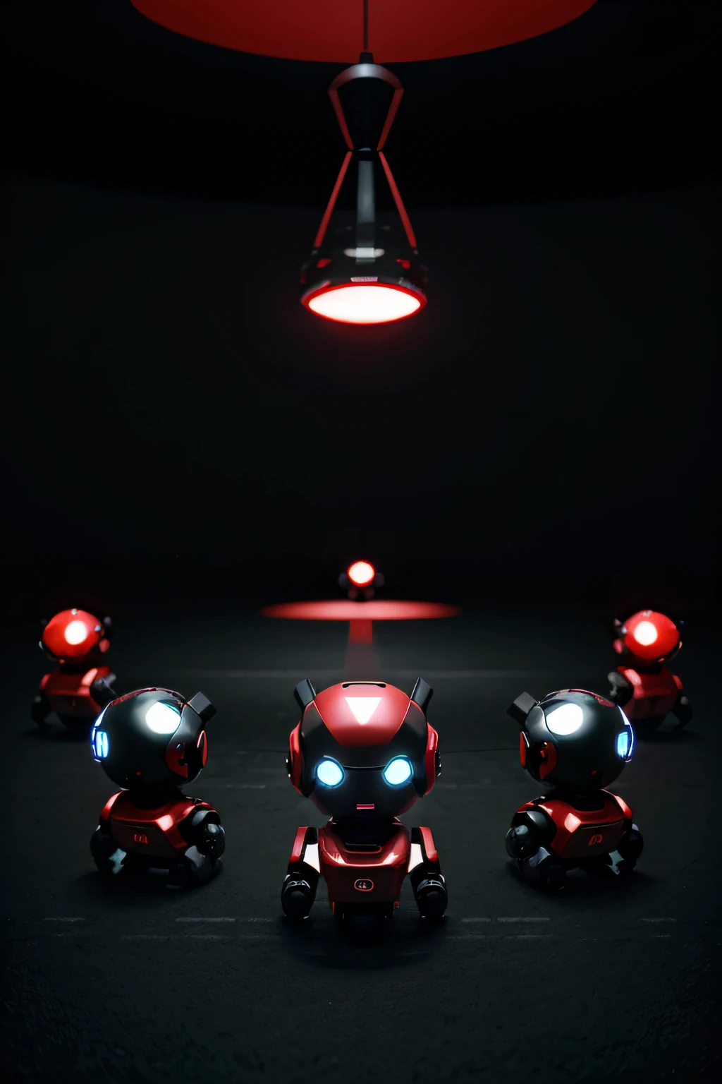 Create me a team of 10 little sports robots in a futuristic black and red universe