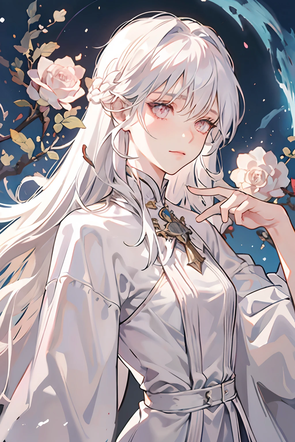 1female, long white hair with bangs, mature face, human, white mage, quiet, slender, intelligent, small breasts, rose pink eyes, fantasy, medieval times, closed mouth