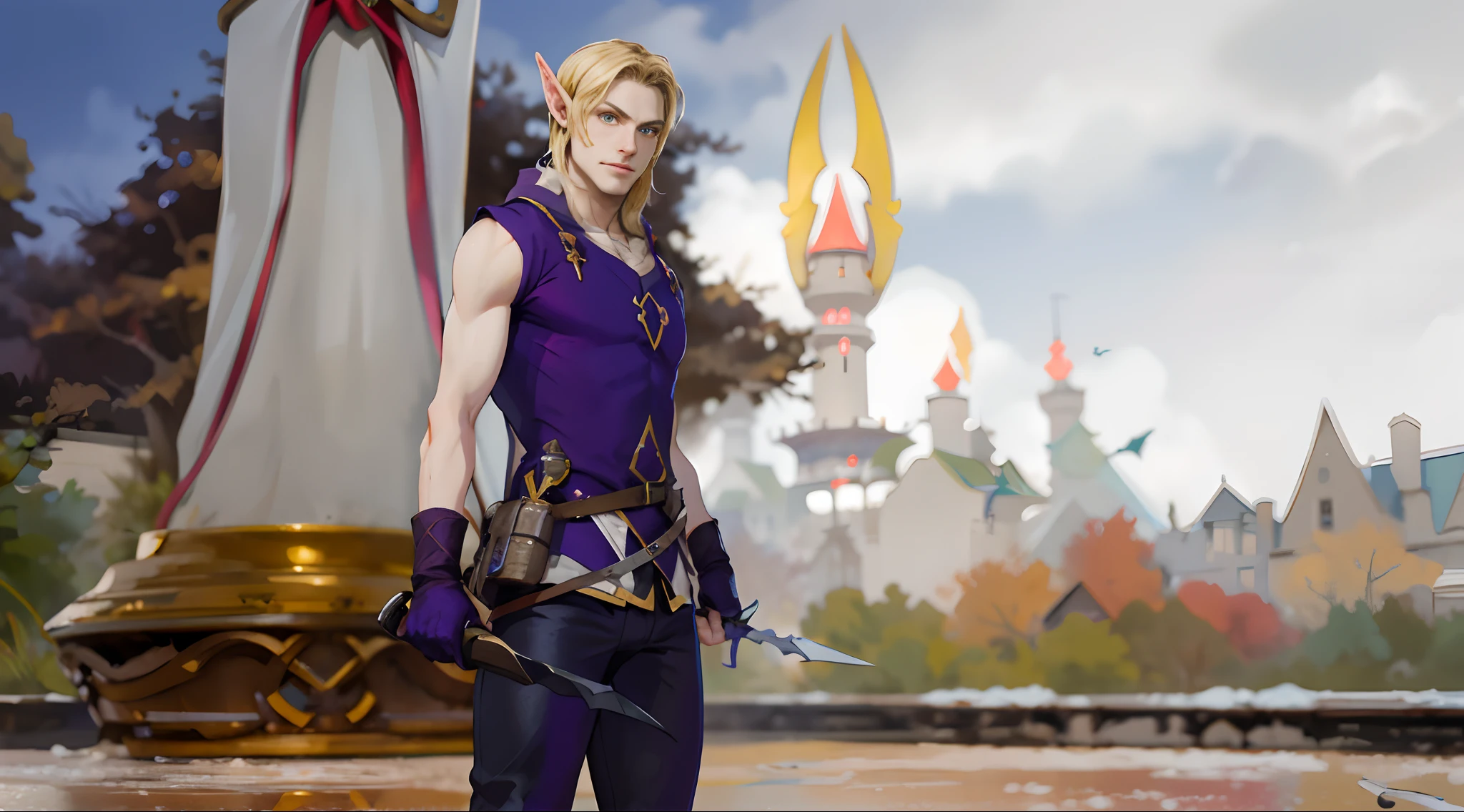 Hay un hombre con un traje morado que sostiene dos dagas, uno en cada mano, Ranger elfo rubio masculino, Hermoso elfo masculino, un elfo macho, Un retrato de un elfo macho, elven male, elven character with smirk, The Blonde River Warrior, skinny male fantasy alchemist, Guardabosques elfo masculino, Elfo macho de piel plateada, Elfo centrado, Young Rogue Half-Elf, serious face expresion