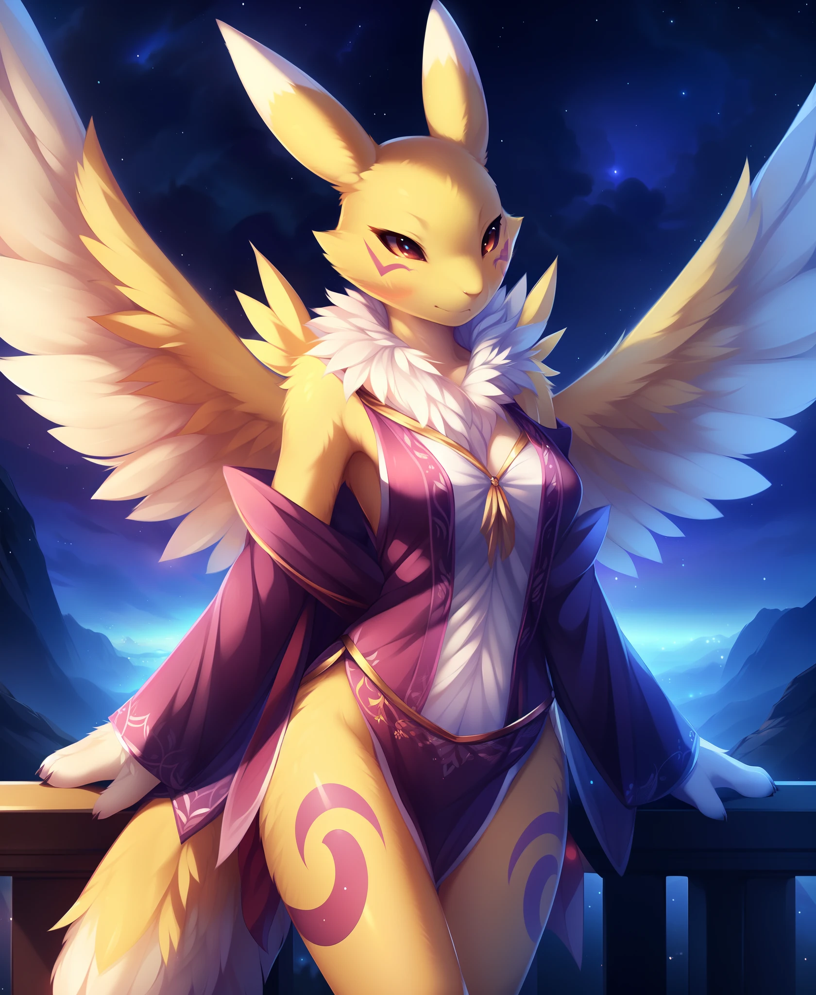 (by Hioshiru, by Ricegnat, by Fredek666, by C-3Matome, by Fumiko:1.2),
solo female (renamon:1.25), exotic outfit, white feathers wings, night sky, detailed background,
masterpiece, best quality, 4k, 2k, shaded, (intricate:0.9), (high detail, unreal engine:1.2), absurd res