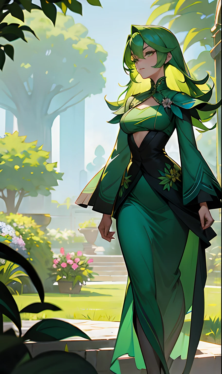 Medium-breasted woman with huge green hair wearing a green dress made of plants while walking in a garden full of flowers, while in front of it is a huge blue tree