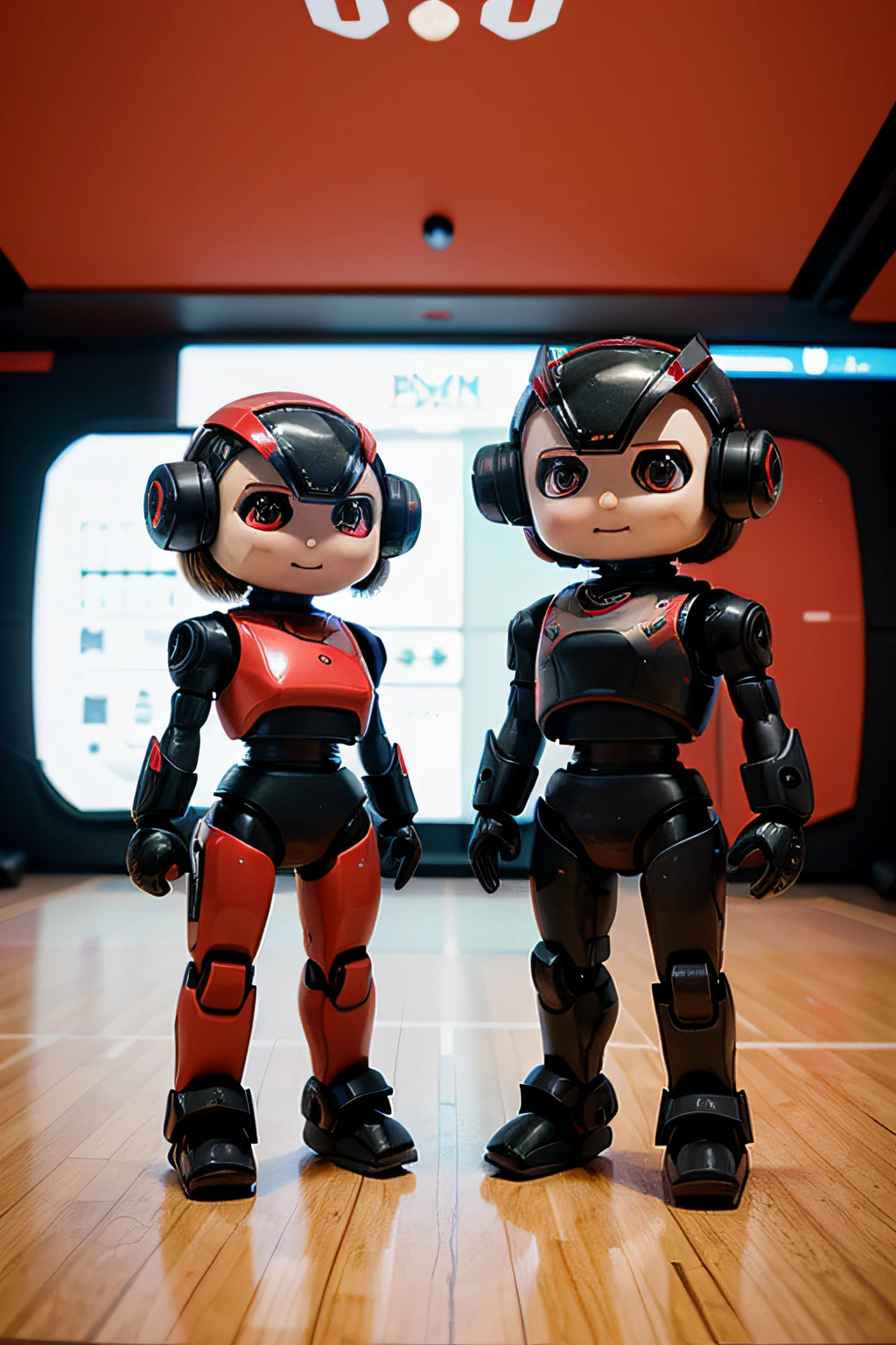 Create me a team of several small sports robots in a futuristic black and red universe