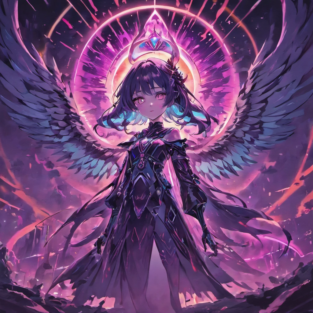 (best quality,4k,8k,highres,masterpiece:1.2),ultra-detailed,(realistic,photorealistic,photo-realistic:1.37),dark fantasy art,70s,illustration,glitched angel of death,scythe,vintage color palette,detailed anatomy,futuristic background,ethereal glow,ominous atmosphere,unearthly wings,eerie eyes,glowing aura,mystical symbols,ripped fabric,shattered halo,faded psychedelic patterns,neon light accents,hauntingly beautiful,surreal composition,otherworldly charm,dark shadows,foreboding presence,whimsical elements,vibrant colors,psychedelic textures,intense emotion,epoch-making masterpiece.