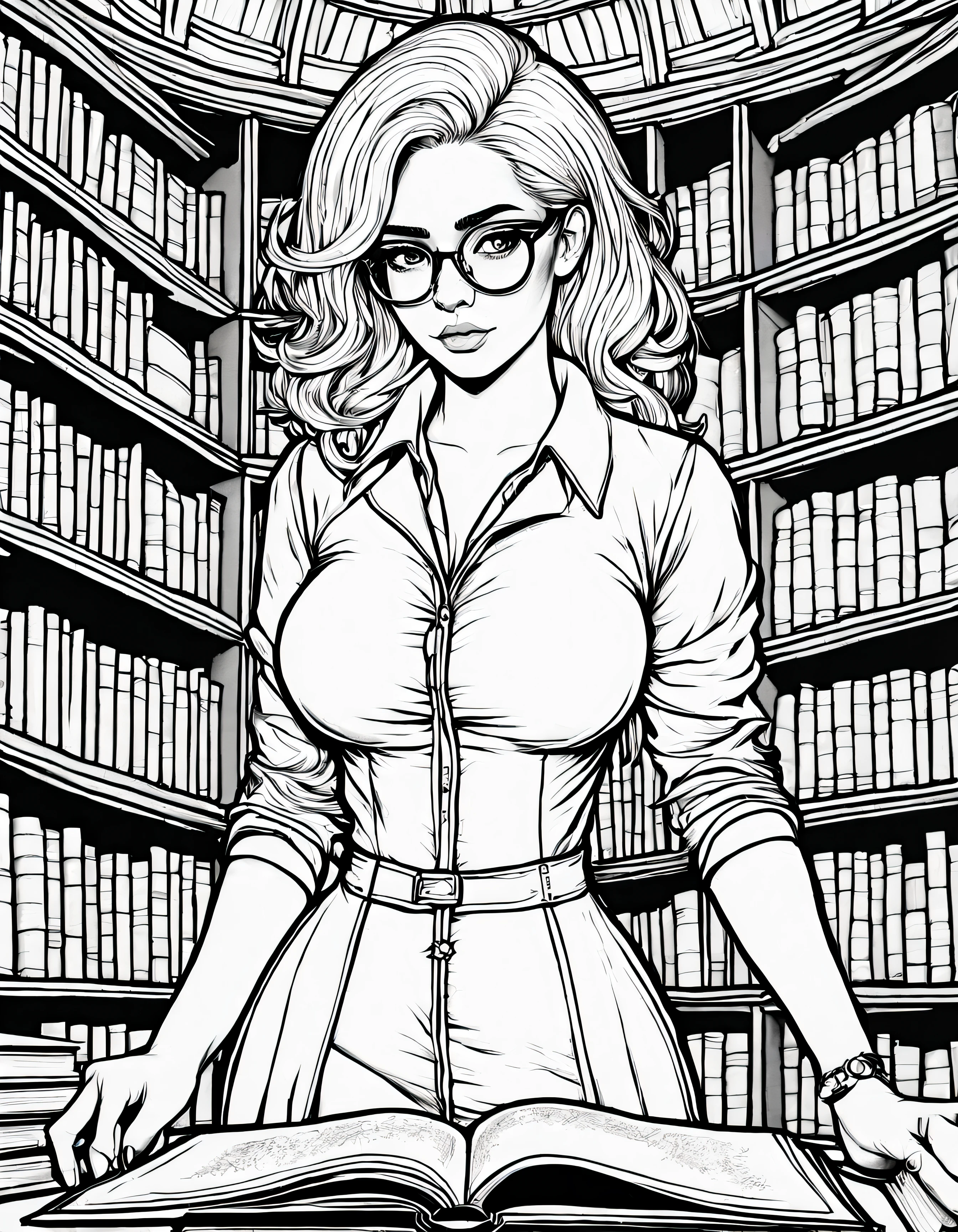 ((ColoringBookAF)) black & white Coloring Book detailed (line art), unsaturated, busty dorky girl working as a librarian, intricate details, highly detailed, hires, uncolored, unshaded, detailed background, flat, white hair, white clothes