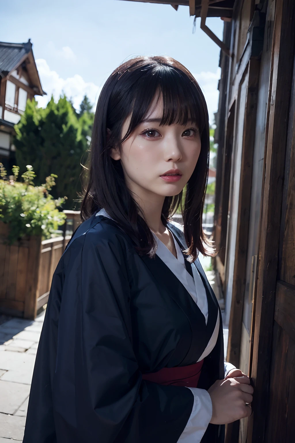 ((masutepiece)), ((Best Quality)), (Ultra-detailed), ((Extremely detailed)), 4K, (8K), Best Quality, (Beautiful), Gradation, One Woman,Devil Costume,Cute face,Big eyes,Cool Face,bobhair,Dark Red Hair,Looking at Viewer,plein air,Night,Ruins,masutepiece, extremely fine and beautiful,Photorealistic,Japanese