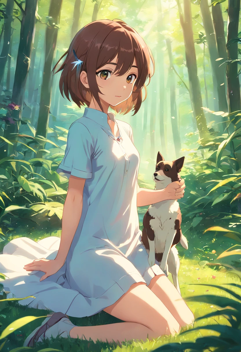 (best quality,Altas:1.2),fotorrealista,anime,princesa,garota,vestido branco,pequeno,adolable,cartoon dog,(Lowered girl holding a small injured bird)nas maosRio Claro,Floresta,luz solar,contato visual