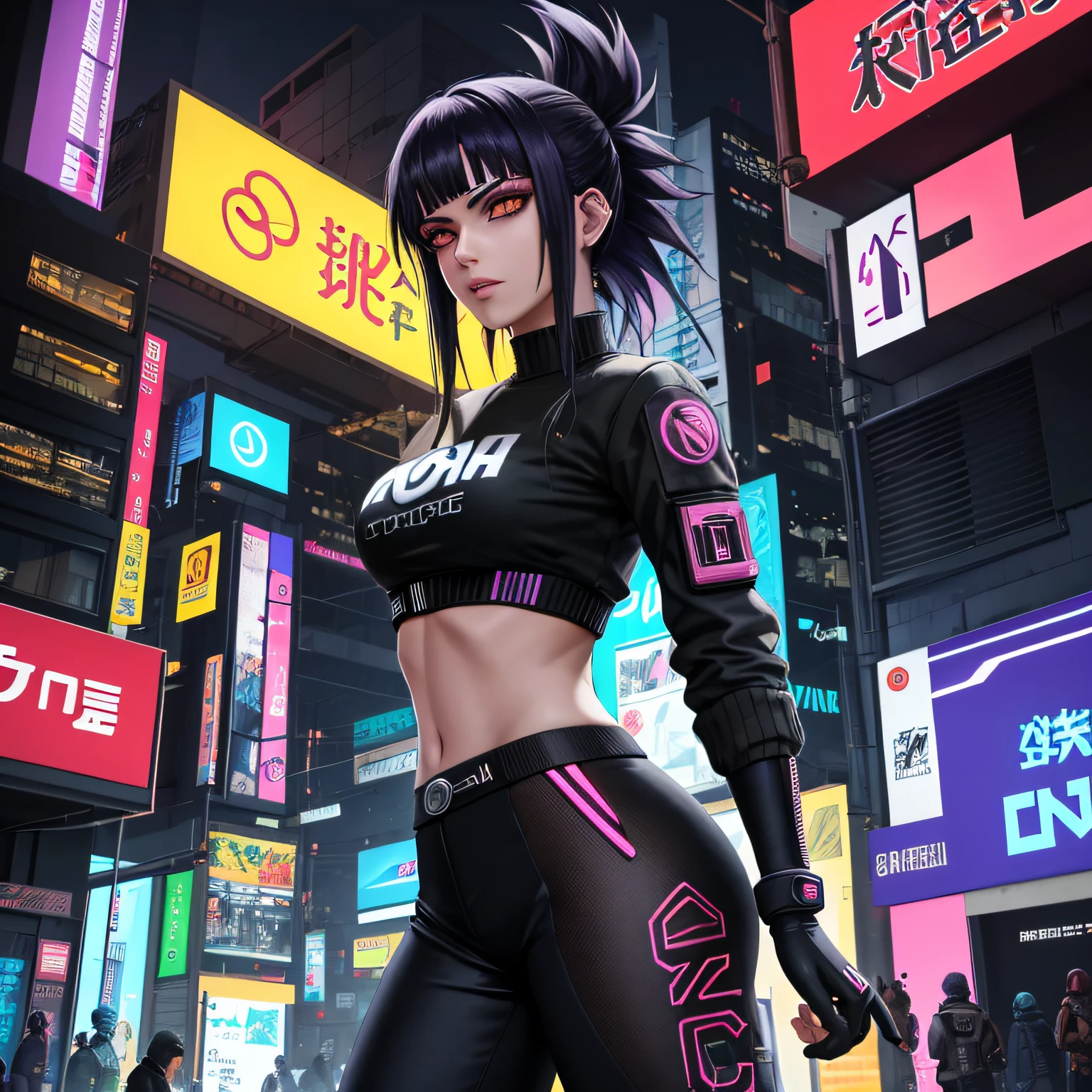 melhor qualidade, obra-prima, cinemactic, realista, cyberpunk, cidade cyberpunk, neon light, volumeric lighting, black sky, (chovendo, trovoada), ""personagen hinata de naruto"" (roupas cyberpunk, moletom, Slacks, roupas punk), water reflecting off the ground, ((cara escondida)), close-up, (roupas rasgadas), bunda de bolha,