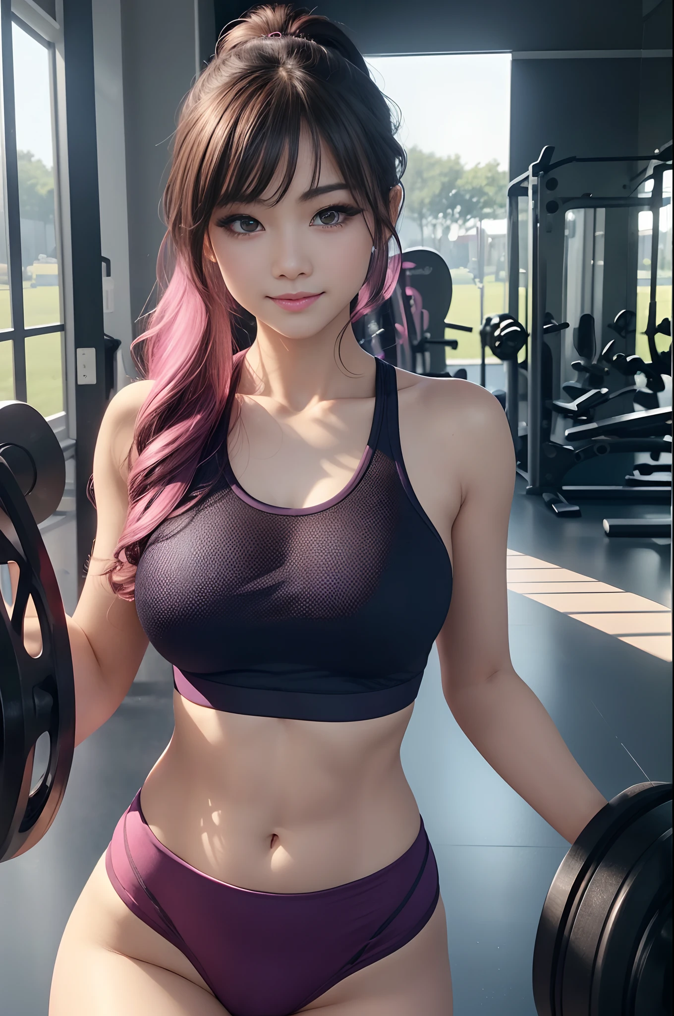 ((huge tit)), ((sixteen years old,)), ((very small head)), sunlights, sunlights, brightened light, (perfect bodies : 1.1), (fullllbody), (short wavy hair:1.2, dark brown  hair, Pink and blue mesh hair, Thin mesh), FULL BODYSHOT, ((Tight workout wear), (perspiring), (Very detailed CG 8k wallpaper), (extremely delicate and beautiful), (Mass Piece), (top-quality:1.0), (超A high resolution:1.0), (realisitic), beautiful lightning,Perfect Lightning, realistic shadow, [hight resolution], Detailed skin, ultra-detailliert, Slim body), (beautiful hairl, hair wavy, real hair, Detailed hair, High ponytail), thin clavicle, beutiful breast, red blush, Photorealsitic, lifelike face, 美丽的面容, cute  face, realisticeyes, Small eyes, cute smile face, (colourfull))), (eye liner), (mascara), (eyeshadows), (at the gym), Looks Back, bighip, (child-faced),