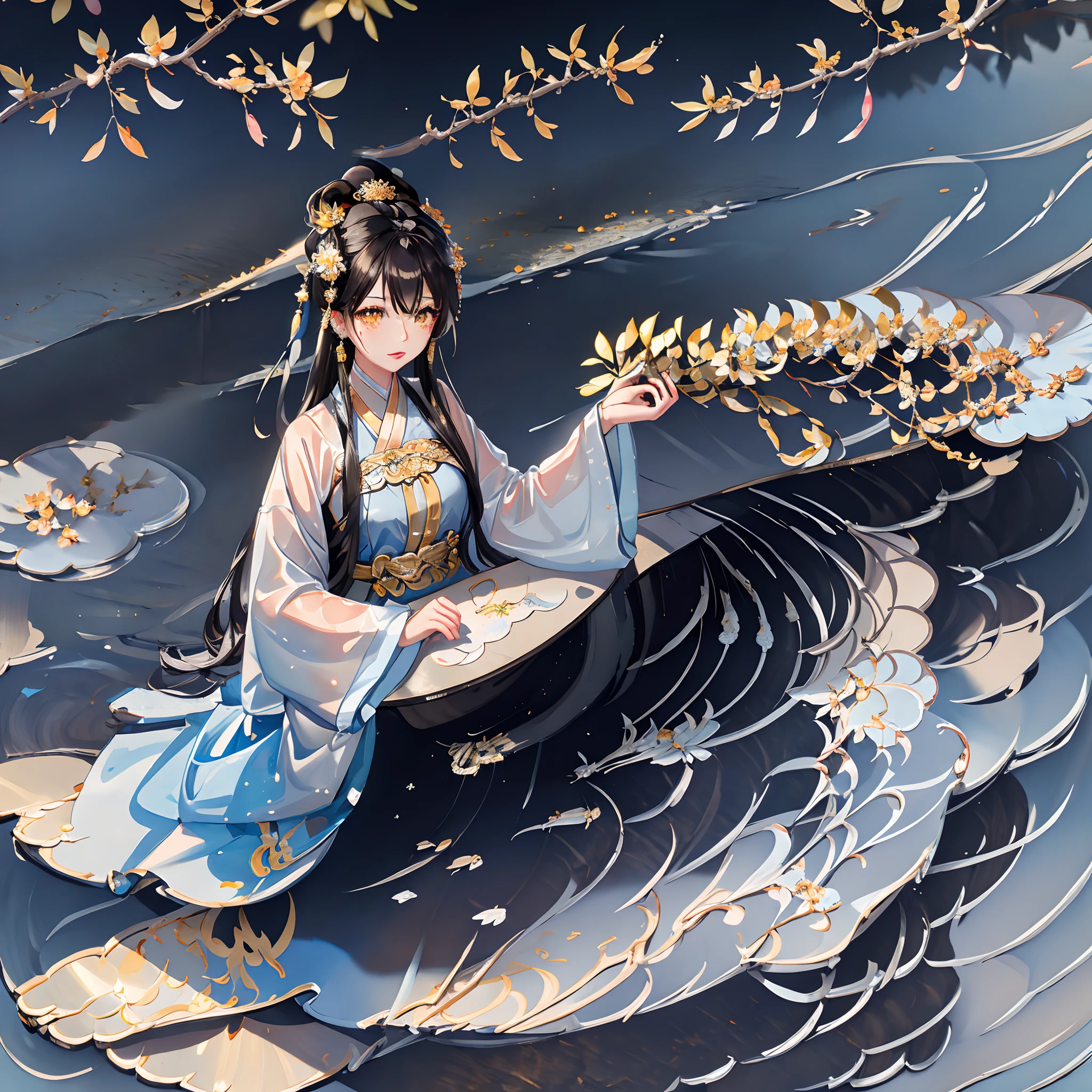 of the best quality，complicated detail，Highres，（Beautiful details water：1.4），（Hanfu，tang style），Yellow eyes，（Girl in a glass jar：1.1），the Dragon Boat Festival，At the table，Happy holiday