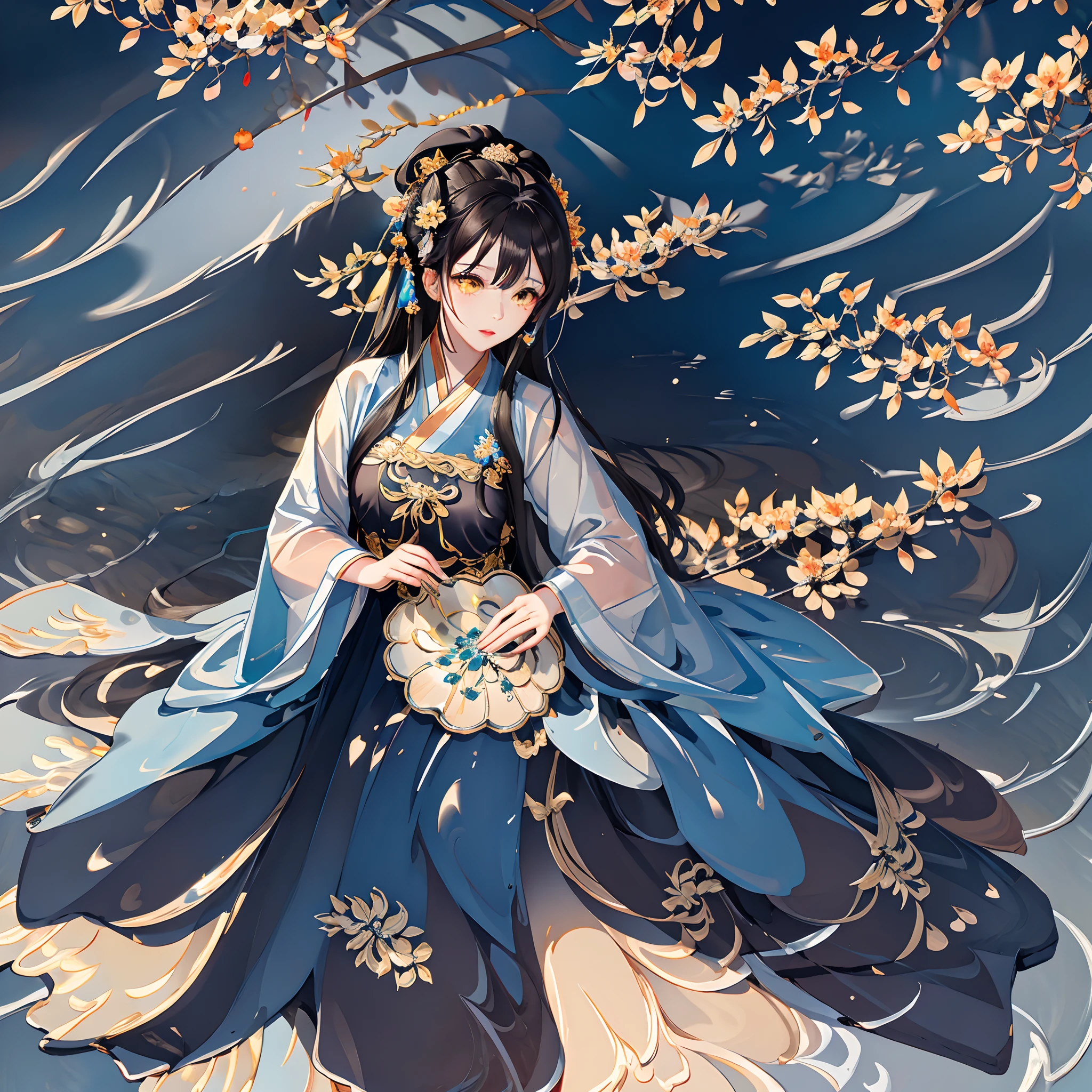 of the best quality,complicated detail,Highres,(Beautiful details water:1.4),(Hanfu,tang style),Yellow eyes,(Girl in a glass jar:1.1),the Dragon Boat Festival,At the table,Happy holiday
