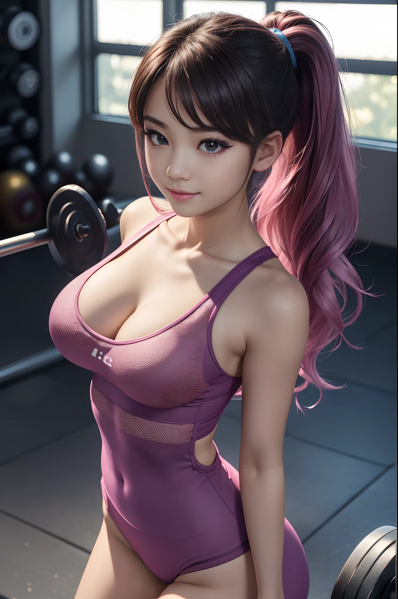 ((huge tit)), ((sixteen years old,)), ((very small head)), sunlights, sunlights, brightened light, (perfect bodies : 1.1), (fullllbody), (short wavy hair:1.2, dark brown  hair, Pink and blue mesh hair, Thin mesh), FULL BODYSHOT, ((Tight workout wear), (perspiring), (Very detailed CG 8k wallpaper), (extremely delicate and beautiful), (Mass Piece), (top-quality:1.0), (超A high resolution:1.0), (realisitic), beautiful lightning,Perfect Lightning, realistic shadow, [hight resolution], Detailed skin, ultra-detailliert, Slim body), (beautiful hairl, hair wavy, real hair, Detailed hair, High ponytail), thin clavicle, beutiful breast, red blush, Photorealsitic, lifelike face, 美丽的面容, cute  face, realisticeyes, Small eyes, cute smile face, (colourfull))), (eye liner), (mascara), (eyeshadows), (at the gym), Looks Back, bighip, (child-faced),