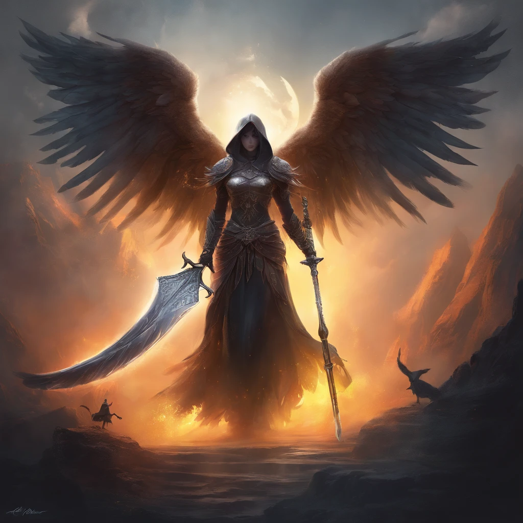 (best quality,4k,8k,highres,masterpiece:1.2),ultra-detailed,(realistic,photorealistic,photo-realistic:1.37),70s dark fantasy art,illustration of an angel of death with his scythe,dramatic lighting,intense emotions,sinister atmosphere,detailed feathers,ethereal and mystical presence,majestic wings,powerful and imposing figure,mysterious fog,intricate details in the angel's armor,ethereal and ghostly figures in the distance,hauntingly melancholic ambiance