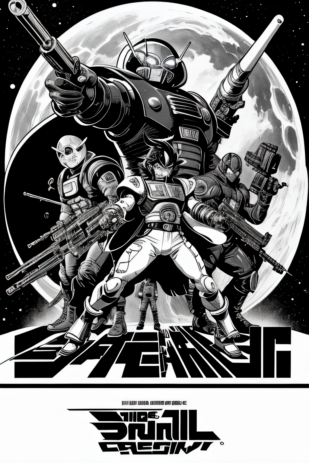 black and white hand drawn poster 80s style sci fi space theme leiji matsumoto akira toriyama style character big gun neo japanese punk rocker beetleborg manga cover being fun and cool anime manga full body drawing character orcs in background