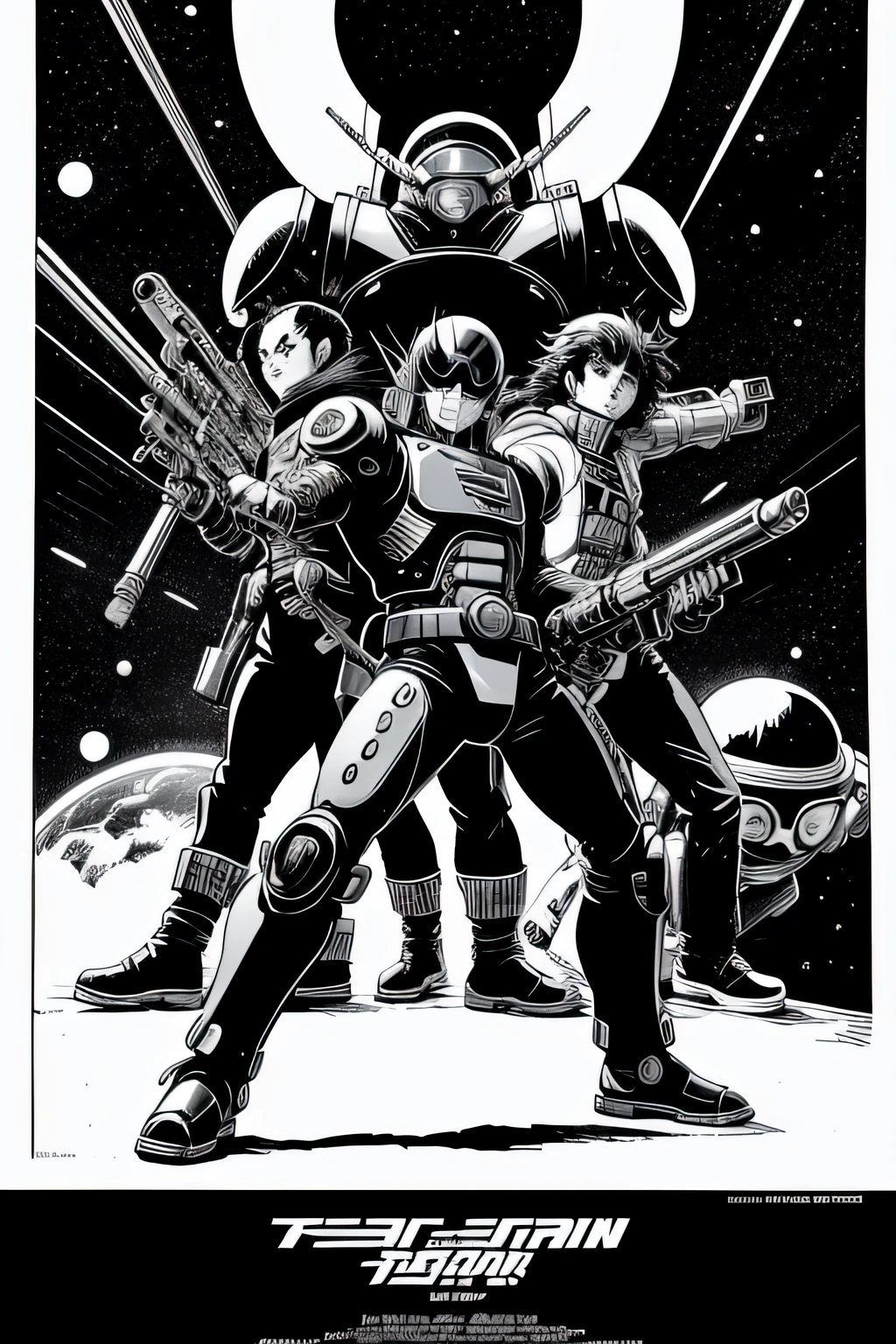 black and white hand drawn poster 80s style sci fi space theme leiji matsumoto akira toriyama style character big gun neo japanese punk rocker beetleborg manga cover being fun and cool anime manga full body drawing character orcs in background