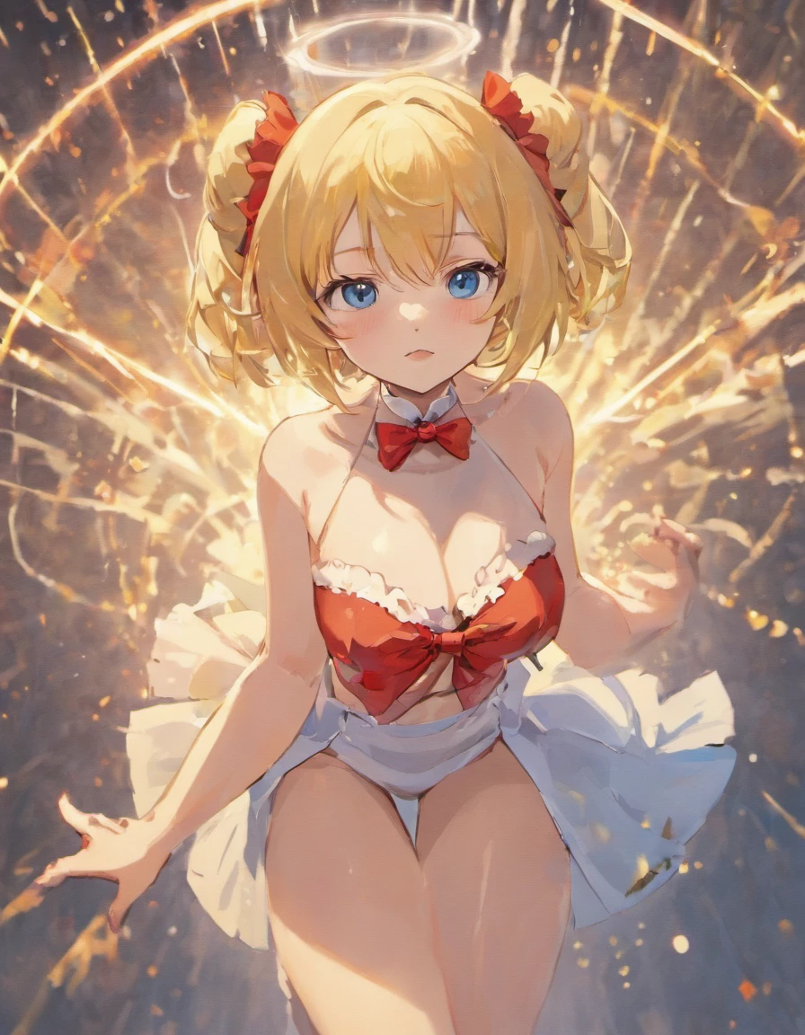 (masterpiece), best quality, expressive eyes, perfect face(masterpiece), best quality, expressive eyes, perfect face, Kagamine Rin, Blue eyes, small breasts, white long stockings, wet, girl, White panties with red bow, skinny thighs, Sexy Pose