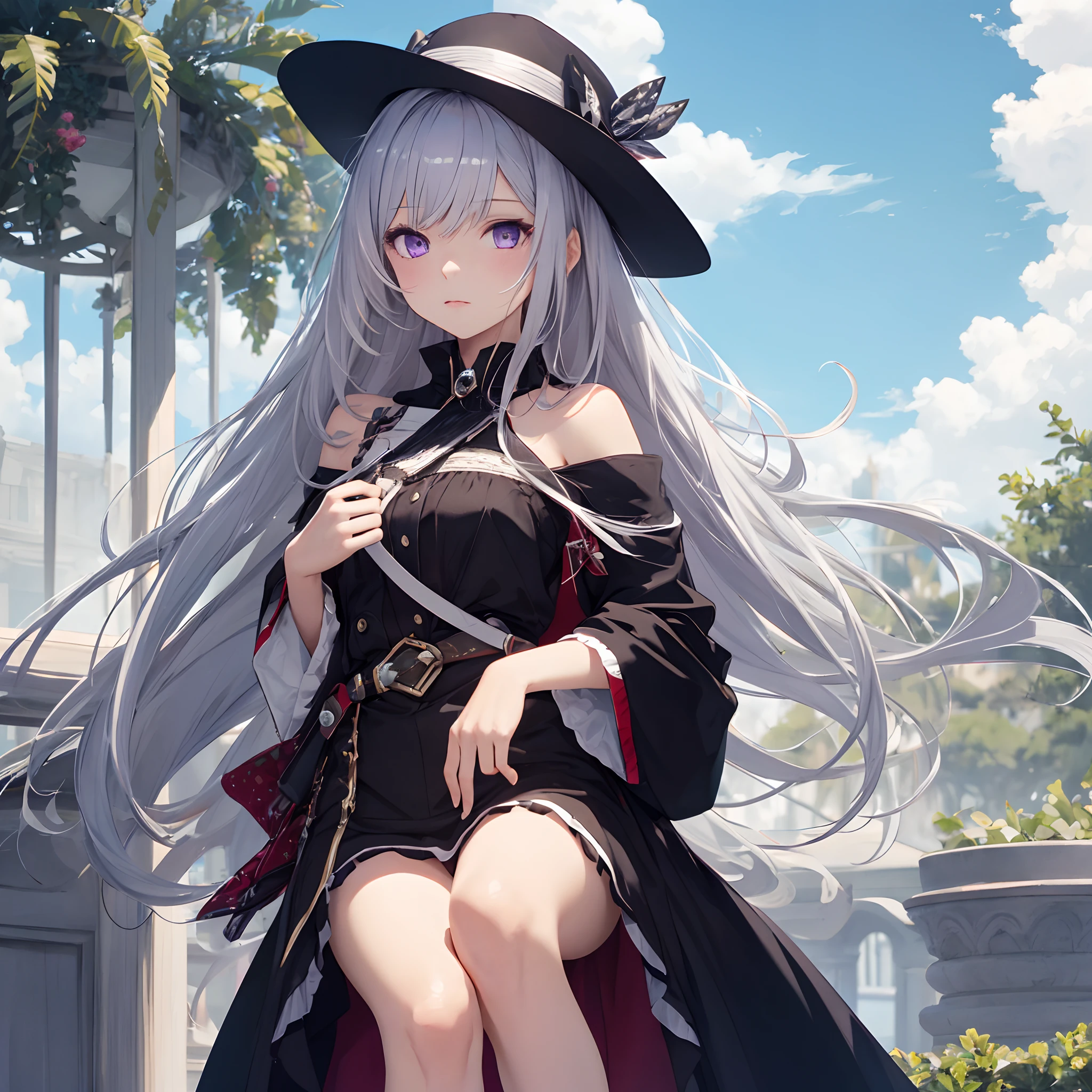 (masterpiece), best quality, perfect face,high res, ultrasharp, 8K, masterpiece,elegant woman with nice long white hair,a black summer hat,a black nice dress, seems rather cold,grey eyes,sits at the beach,grey eyes,black elegant dress,side view,not looking at the camera,cold acting