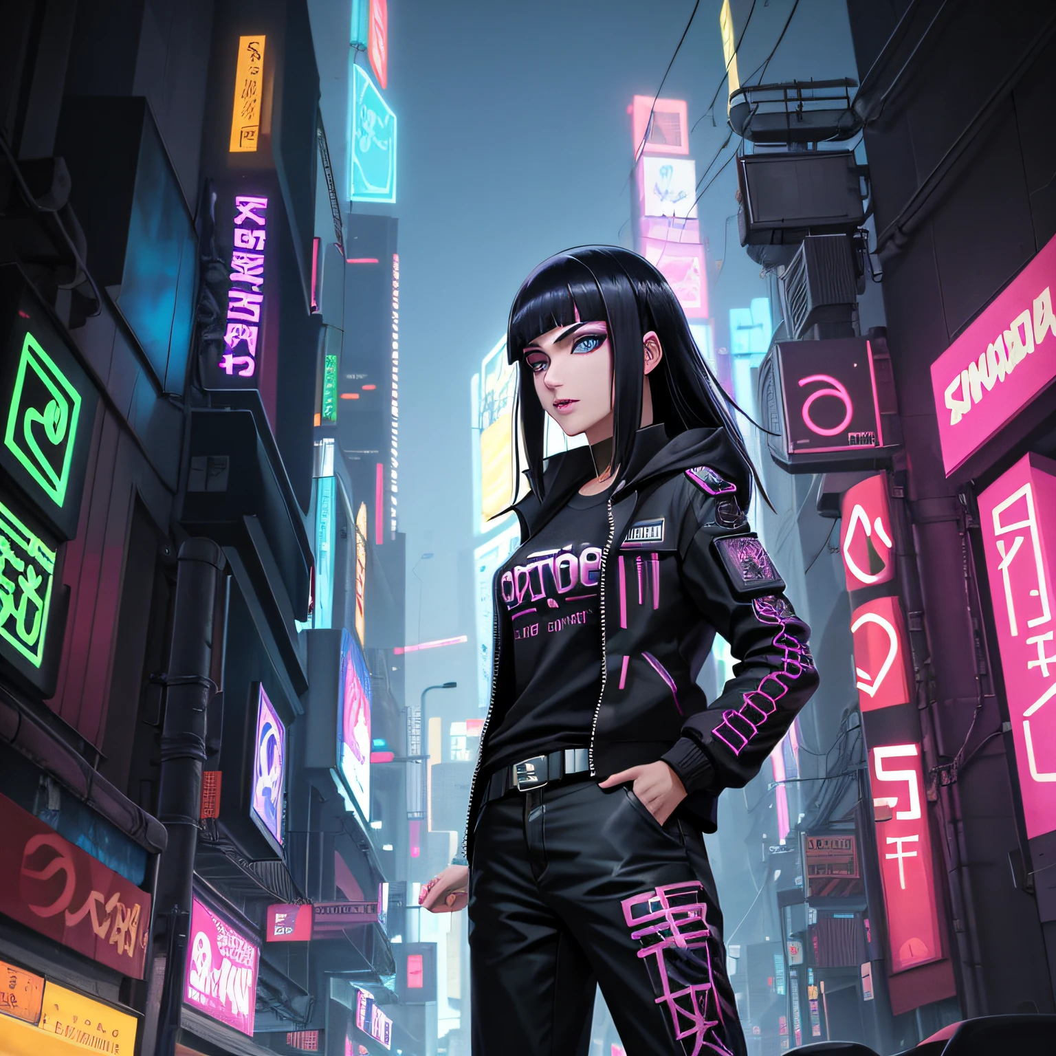 melhor qualidade, obra-prima, cinemactic, realista, Cyberpunk, cidade Cyberpunk, Neon light, volumeric lighting, black sky, (chovendo, trovoada), ""identical character Hinata from the boruto anime"" (roupas Cyberpunk, moletom, Slacks, roupas punk), water reflecting off the ground, ((Rosto oculto)), Close-up, (roupas rasgadas), bunda de bolha,