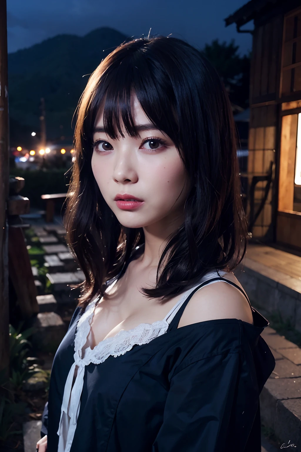 ((masutepiece)), ((Best Quality)), (Ultra-detailed), ((Extremely detailed)), 4K, (8K), Best Quality, (Beautiful), Gradation, One Woman,Devil Costume,Cute face,Big eyes,Cool Face,bobhair,Dark Red Hair,Looking at Viewer,plein air,Night,Ruins,masutepiece, extremely fine and beautiful,Photorealistic,Japanese