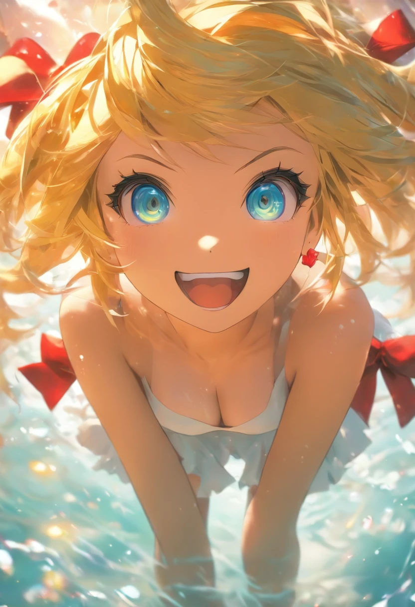 (masterpiece), best quality, expressive eyes, perfect face(masterpiece), best quality, expressive eyes, perfect face, Kagamine Rin, Blue eyes, small breasts, white long stockings, wet, loli girl, White panties with red bow, skinny thighs, Sexy Pose