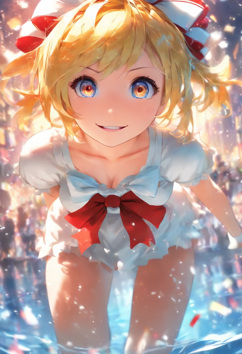 (masterpiece), best quality, expressive eyes, perfect face(masterpiece), best quality, expressive eyes, perfect face, Kagamine Rin, Blue eyes, small breasts, white long stockings, wet, loli girl, White panties with red bow, skinny thighs, Sexy Pose
