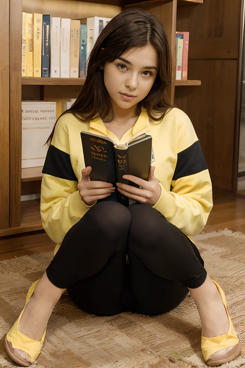 (yes SFW), a girl in black pants and yellow sweatshirt is sitting and reading a book, knees together feet apart. Behind her a bookcase.