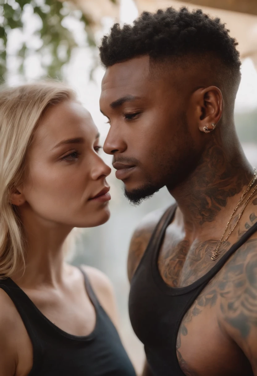 Black boy tattooed up to his neck with his blonde girlfriend