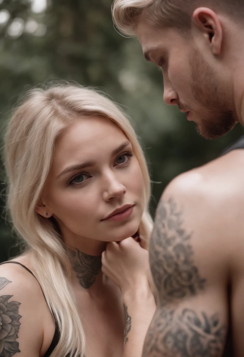 Black boy tattooed up to his neck with his blonde girlfriend