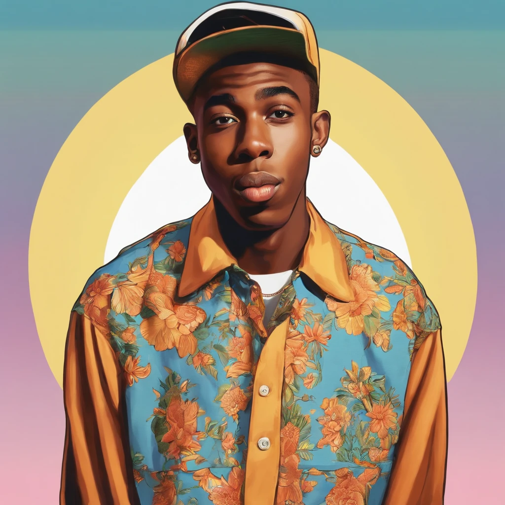 tyler the creator,illustration,cartoonish style,colorful,creative,expressive,evocative,energetic,playful,vibrant,detailed features,striking eyes,captivating smile,unique fashion style,bold colors,personality shining through,engaging composition,lively atmosphere,scenic background,best quality,ultra-detailed,highres,stunning lighting,eye-catching details,storybook-like feel,artistic masterpiece