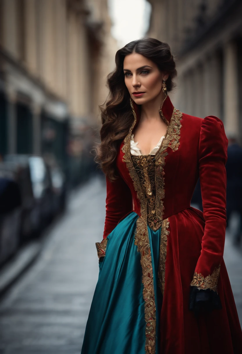woman, 30 yrs old, beautiful, fearless, greek,Victorian Period Dress, long coat, city of london