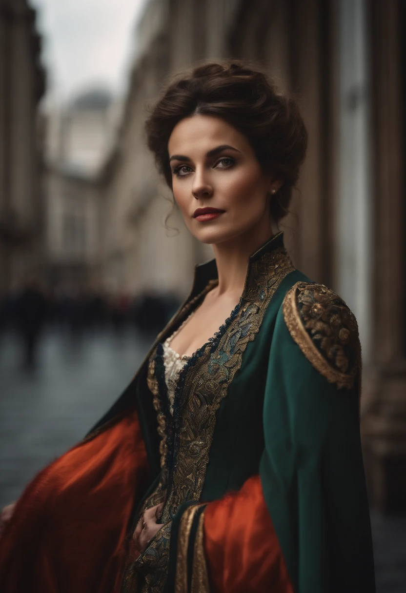 woman, 30 yrs old, beautiful, fearless, greek,Victorian Period Dress, long coat, city of london