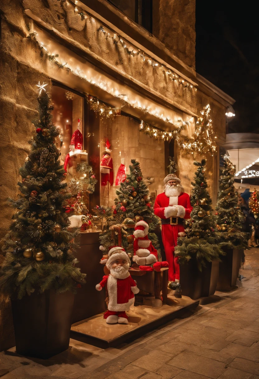 Facade of a large home and office furniture store, brinquedos e cabazes de natal, com uma enorme vitrine de vidro com um brande adesivo com motivos natalinos estampado no vidro dessa loja, The display case has the representation of a living room with Christmas decoration, With a beautiful red Christmas tree with decorative accessories in white and gold, A Santa Claus representing African countries,On the sidewalk there is also a beautiful decoration very attractive as if it were a tunic with lights that stand out at night and Christmas decorations that stand out during the day. There's also a popcorn cart that attracts kids to the store, On the left side of the display case we have an exhibition of popular Marvel Comics toys, barbie e minions.