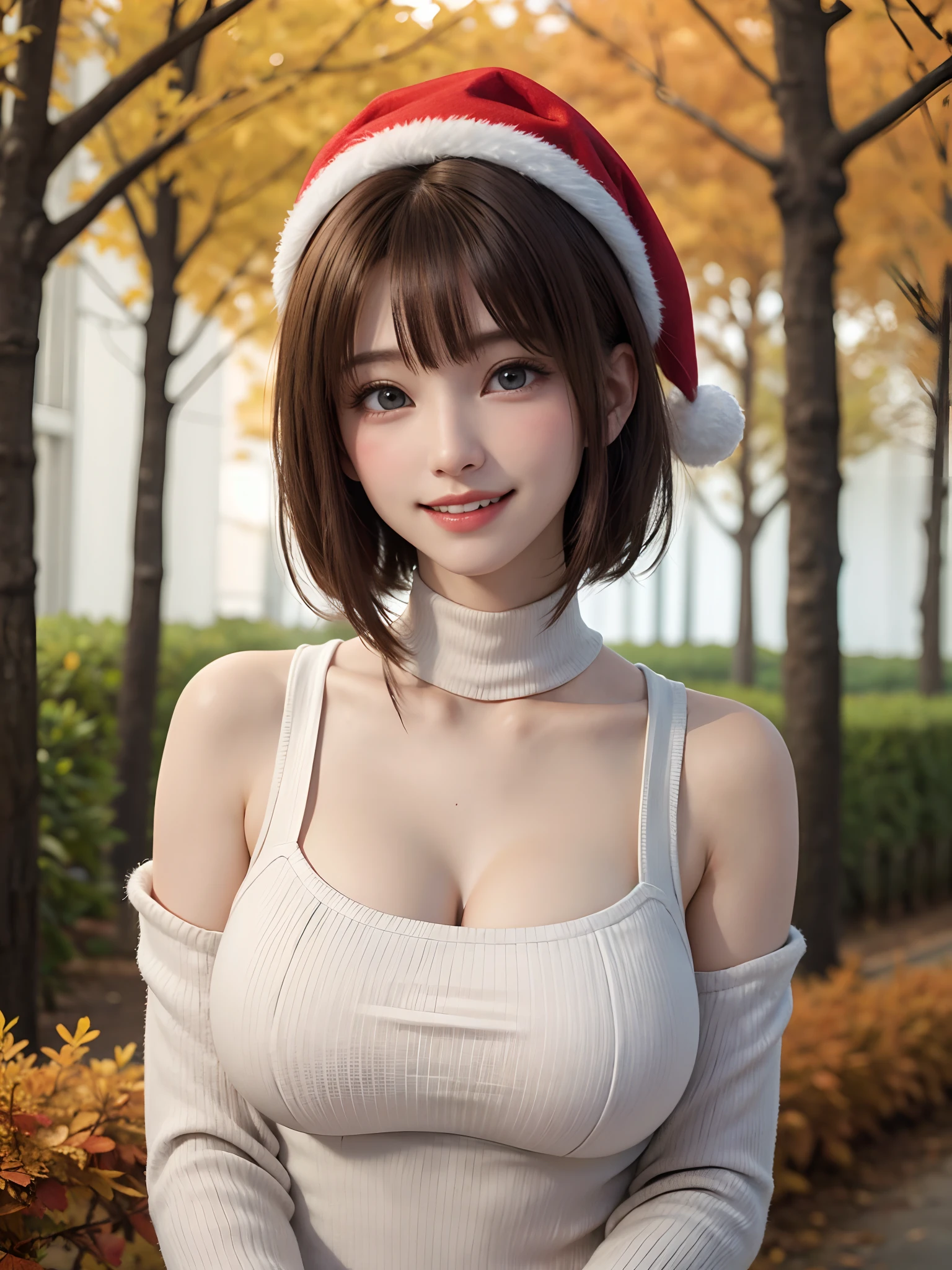 (masutepiece,:1.4 Best Quality:1.4、Very attractive adult beauty:1.4、Add intense highlights to the eyes:1.4、Look firmly at the camera、Beautiful woman full of adult charm:1.4),1girl in, 独奏, Light brown shiny hair, muffler,Santa Claus hat,realisitic, looking at the viewers, Bright colored crystal light blue eyes, short shiny hair, Santa Claus Color Star Neck Knit、 Santa Claus costume with turtleneck with a hole in the center of the chest:1.4,Sexy red and white turtleneck knit sweater with round hole in the center of chest:1.4、 s lips, lipgloss，bangss, The upper part of the body、big eye、Lashes、The face is a little red、Embarrassing)、((Road system in Italy in winter))、((Shorthair with bangs、big eye、Put very strong highlights in your students、{Gigantic|Big|Huge|Mega} breasts、very Bigger breasts、gazing at viewer、Very beautiful beauty、Put your ears out、long neck、little smiling、Beautiful teeth、Open your mouth and smile))、28 year old、Very cute supermodel:1.4、