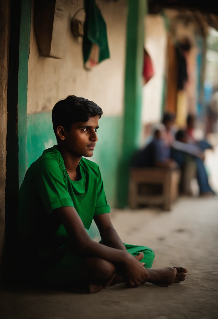 A 25 year old Bangladeshi local boy is sitting in a roadside tea shop with general public watching cricket game on television, and the boy is wearing a Bangladeshi cricket jersey and watching television, the boy's name is "MOSHARAF" the boy's name is written on the back of the jersey.