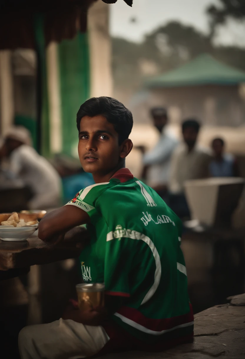 A 25 year old Bangladeshi local boy is sitting in a roadside tea shop with general public watching cricket game on television, and the boy is wearing a Bangladeshi cricket jersey and watching television, the boy's name is "MOSHARAF" the boy's name is written on the back of the jersey.