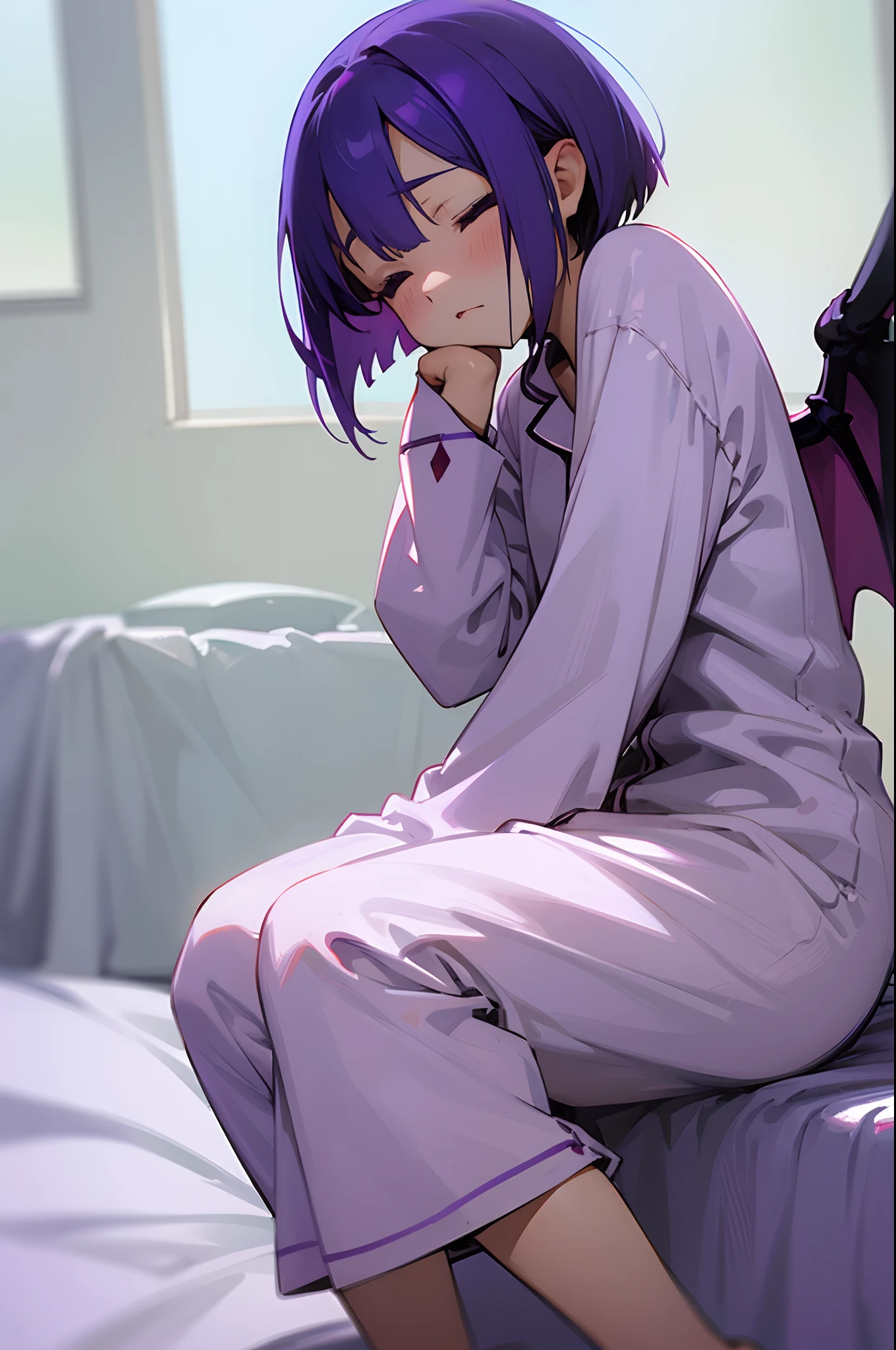 Succubus of short stature、White simple pajamas、Folded Devil's Wings、Sitting in bed、Sleepy face、Purple hair、Short Bob